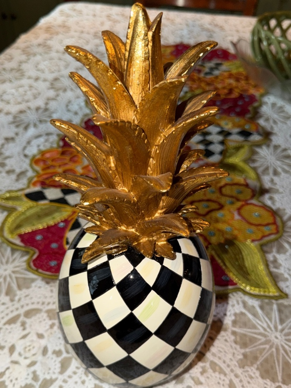 Mackenzie-Child’s Checkerboard Pineapple in Black, White & Gold